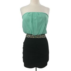 Deb Dress Womens Medium Green Black Mini Strapless Jeweled Bodycon Stretch